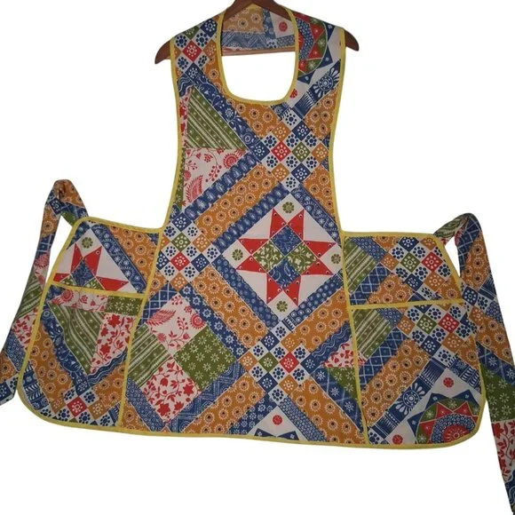 Vinitage Apron Adult Patchwork Floral Print Yellow Pockets Grannycore - Picture 2 of 14
